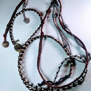 SET of 3 -- trio of wrap bracelets adjustable  copper-brown + pearl + silver